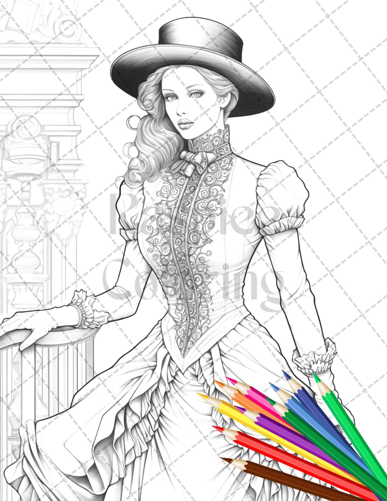 Victorian fashion grayscale coloring pages printable for adults pd â coloring