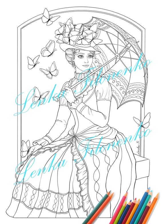 Coloring page for adults victorian lady line art lady with butterflies coloring for adults pdf download and print
