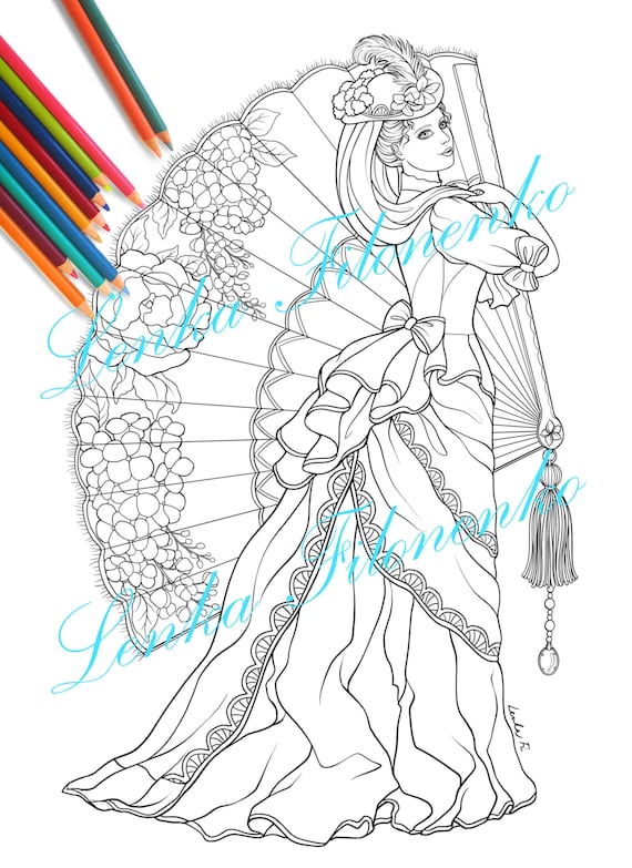 Coloring page for adults victorian lady line art lady with the fan coloring for adults pdf download and print