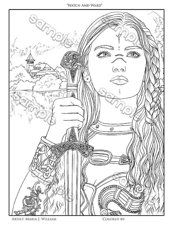 Viking woman with sword fantasy portrait coloring page by maria j william instant pdf download