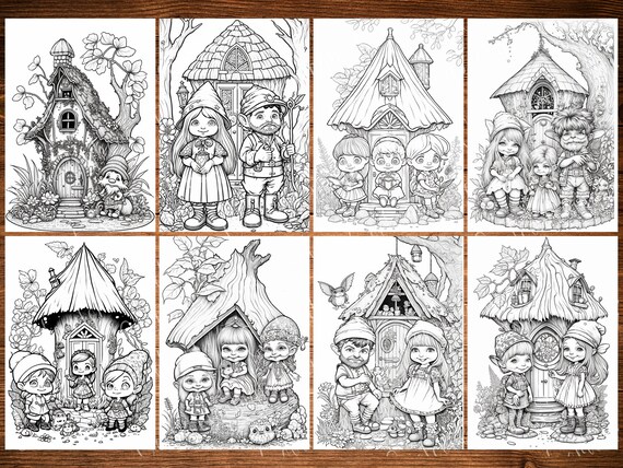Cute girls pumpkin viking fairy forest houses adult coloring book coloring pages bookgrayscale instant downloadprintable pdf