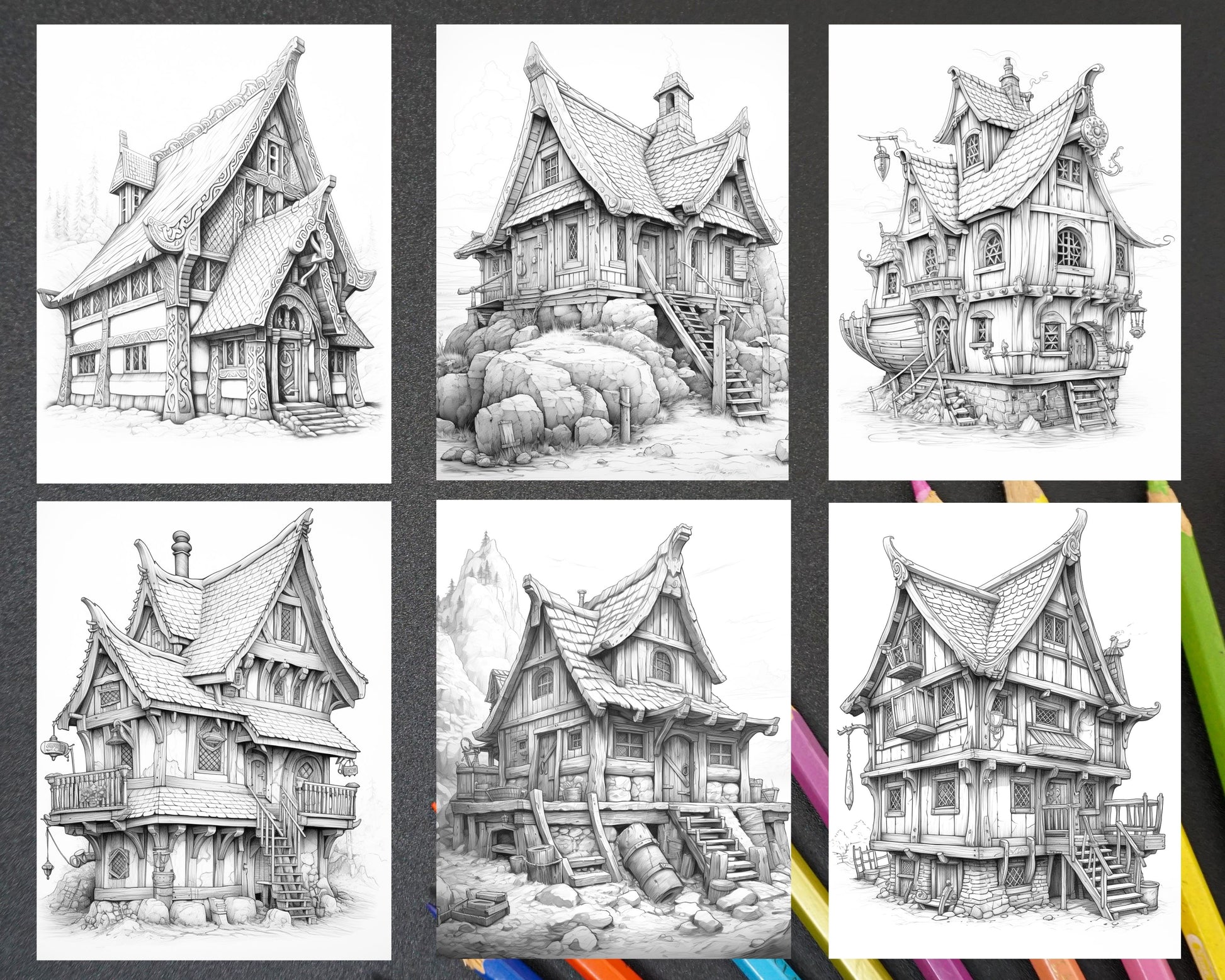 Viking houses grayscale coloring pages printable for adults pdf fi â coloring