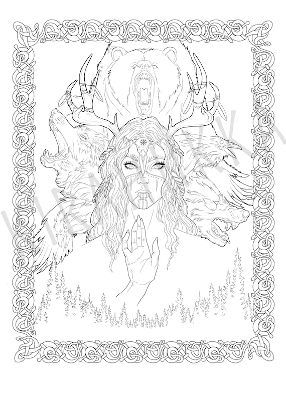 Shaman coloring page norse mythology viking shaman woman wolf bear raven helm of awe digital printable fantasy coloring books