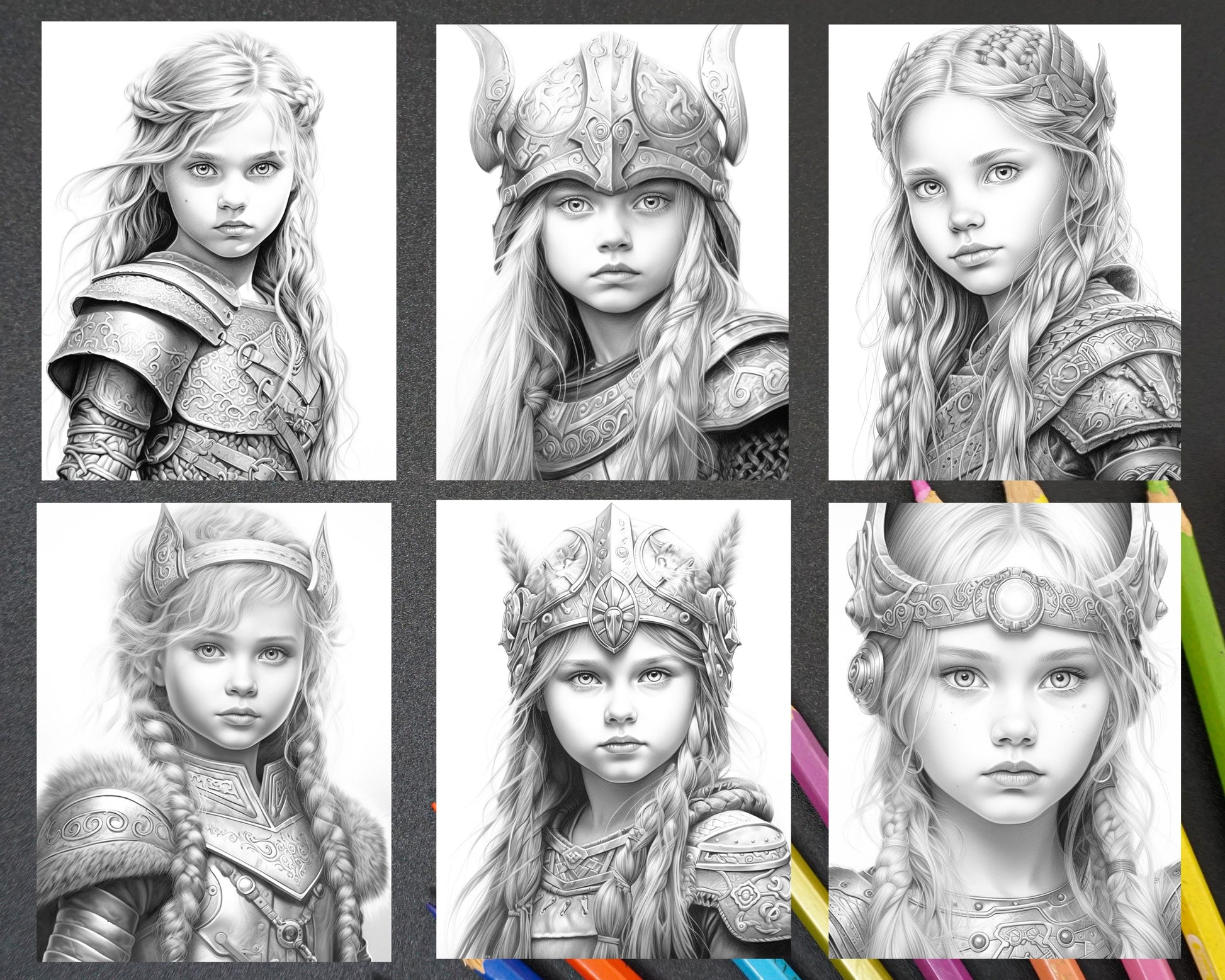 Little viking girls boys portrait grayscale coloring pages printabl â coloring