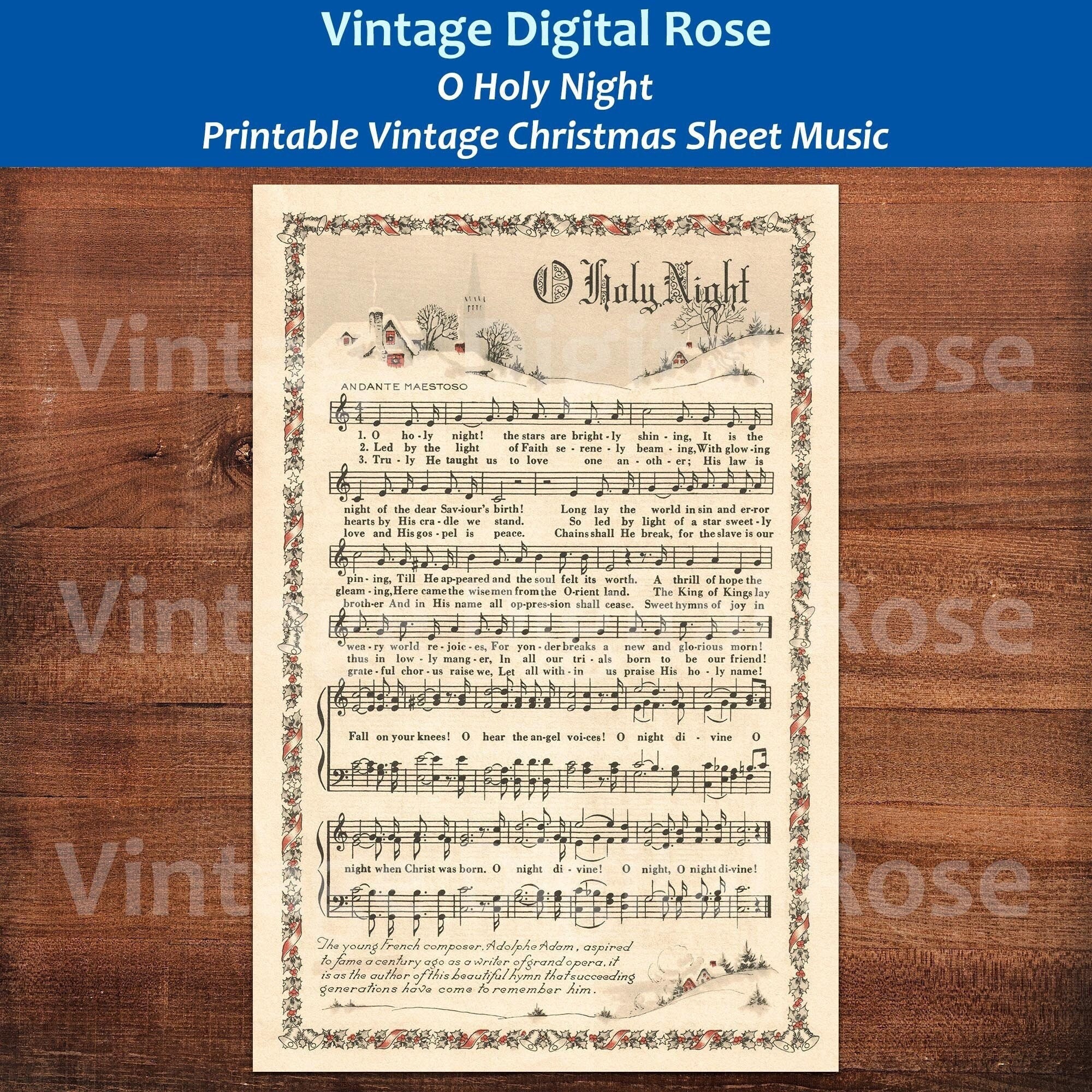 O holy night printable vintage christmas hymn carol sheet music color illustration