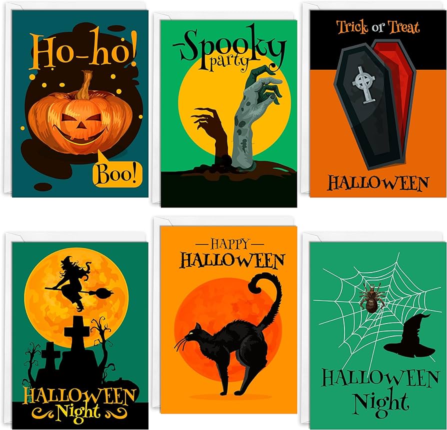 Easykart labels halloween greeting cards size x pack of pcs assorted designs reennded for trick or treat halloween themed party classroom party everything else