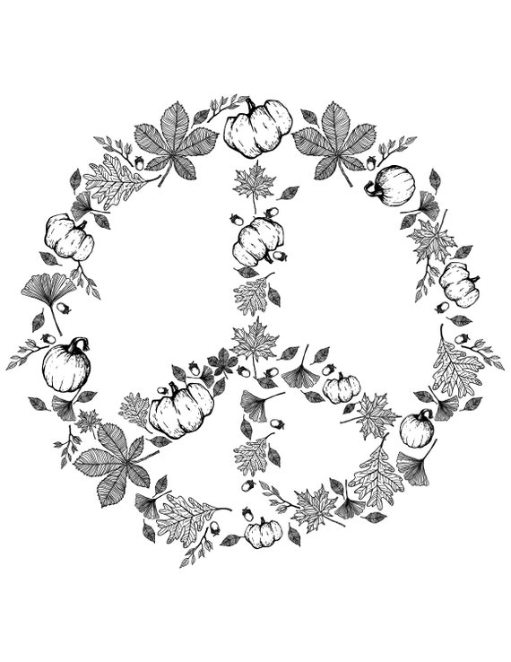 Peace sign printable pdf fall autumn digital download leaf art vintage peace sign hippie coloring page instant download