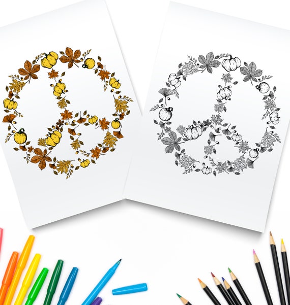 Peace sign printable pdf fall autumn digital download leaf art vintage peace sign hippie coloring page instant download