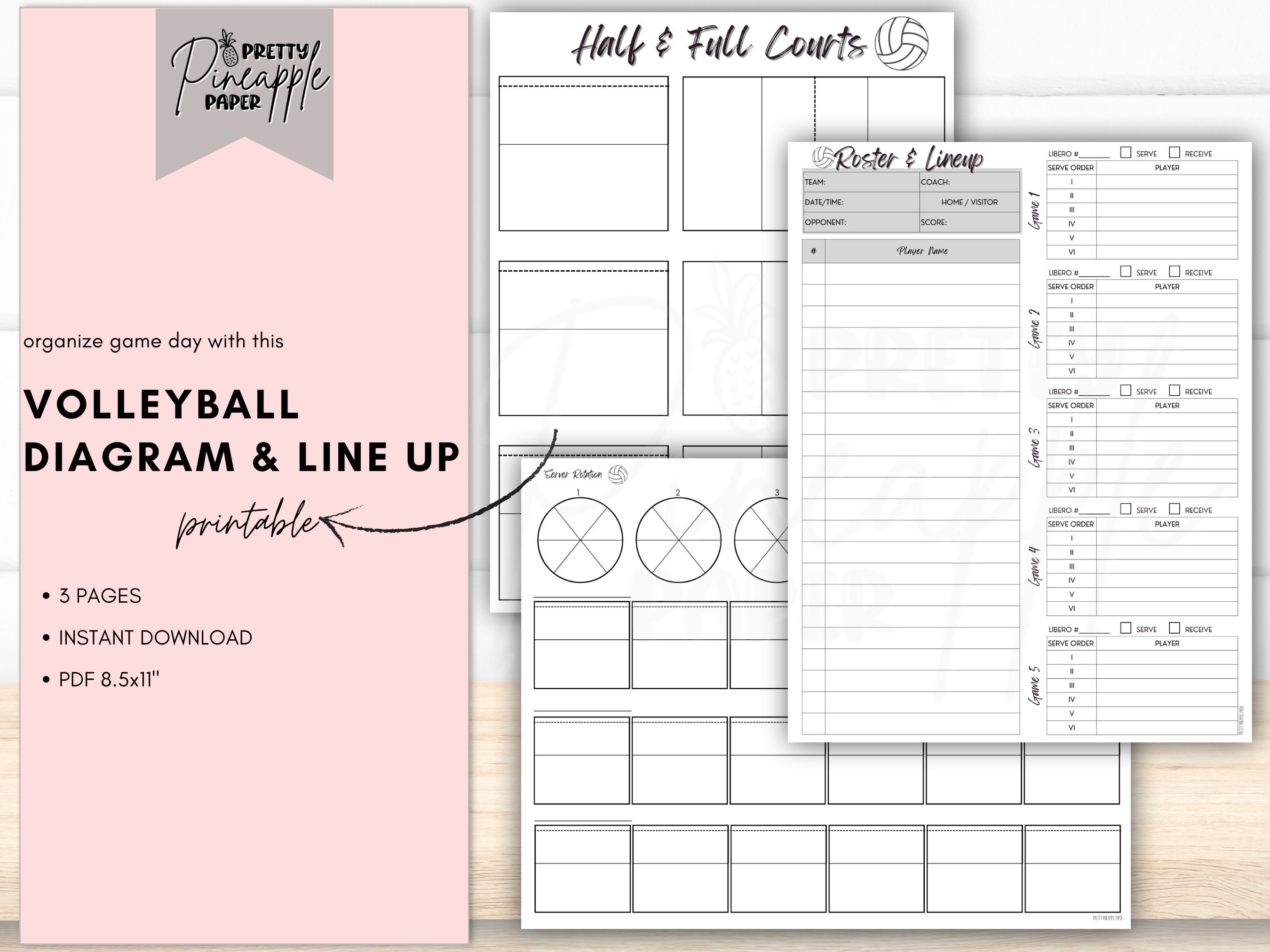 Printable volleyball diagrams server rotation roster and lineup sheets player positions for game day half and full court formation