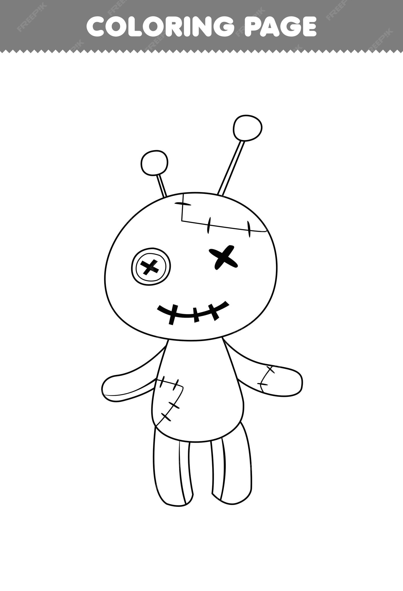 Premium vector education game for children coloring page of cute cartoon voodoo doll line art halloween printable worksheet