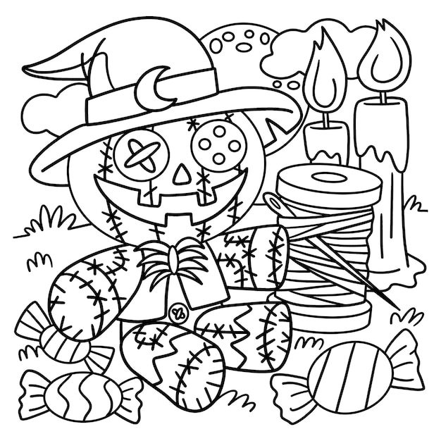 Premium vector voodoo doll halloween coloring page for kids