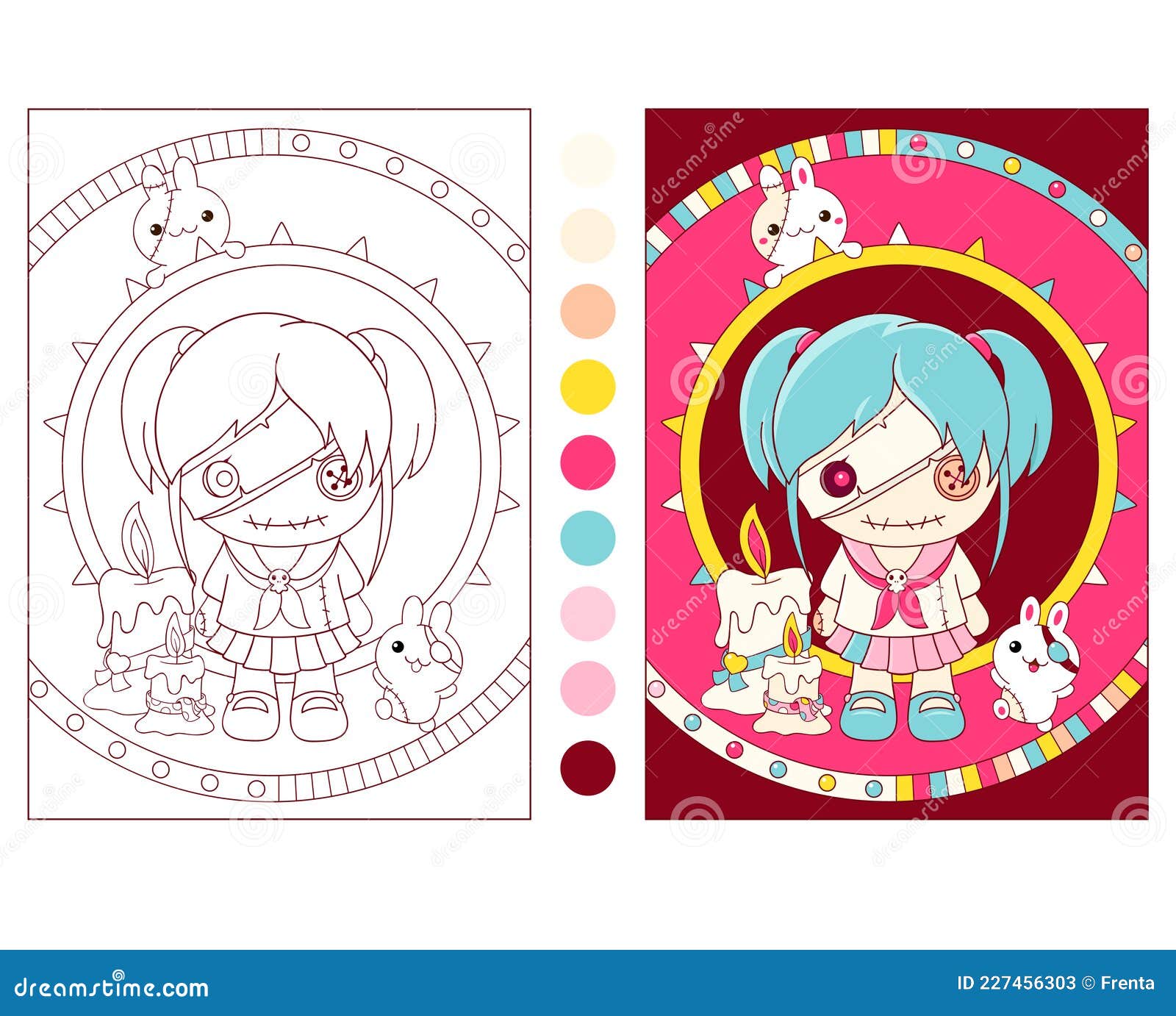 Colorful and black and white pattern for coloring with voodoo doll stock vector
