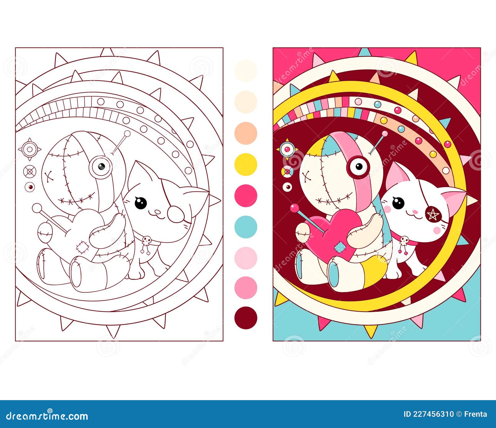Colorful and black and white pattern for coloring with voodoo doll stock vector