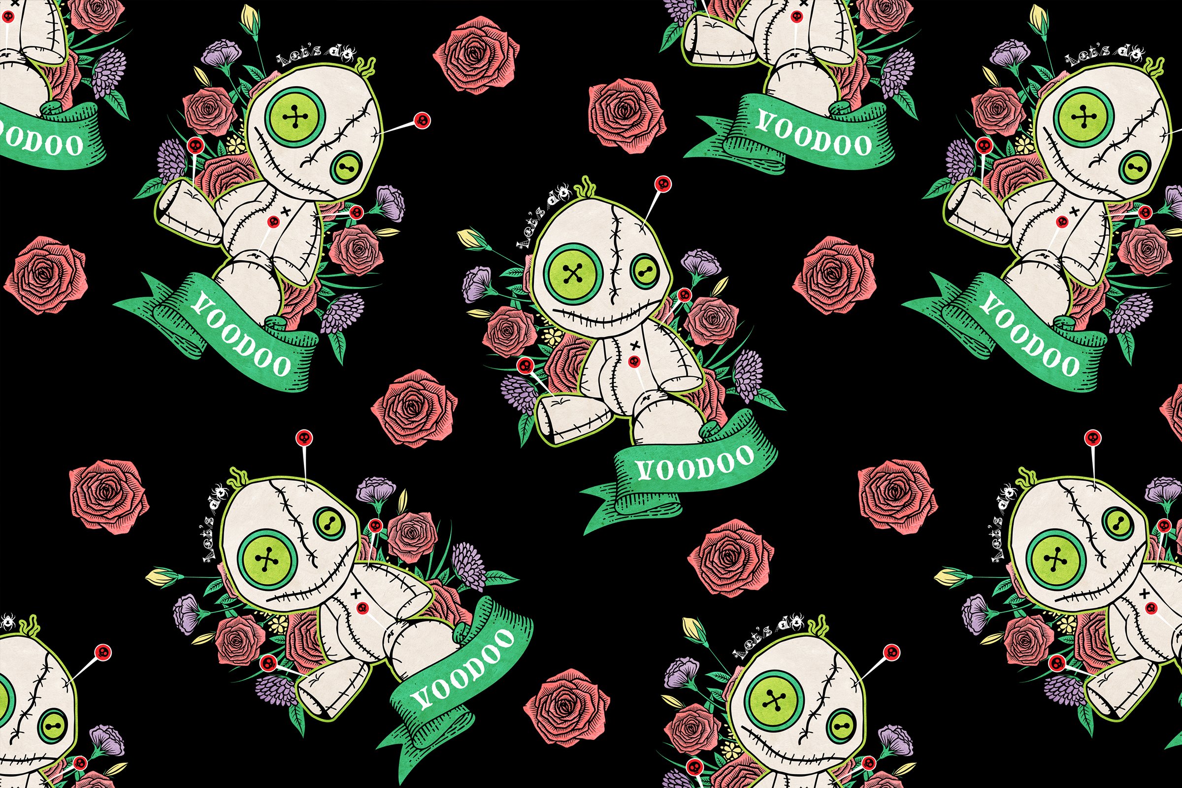 Seamless halloween voodoo doll pattern on a black background