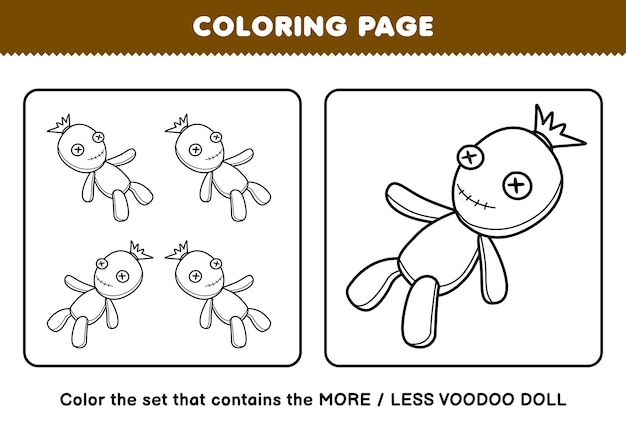 Premium vector education game for children coloring page more or less picture of cute cartoon voodoo doll line art set halloween printable worksheet