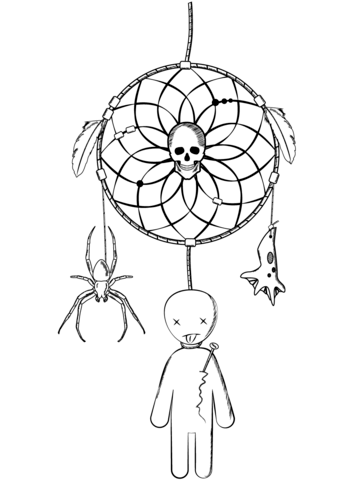 Halloween dreamcatcher with voodoo doll and spider coloring page free printable coloring pages