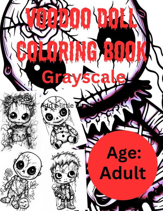 Page cute voodoo doll adult coloring book grayscale