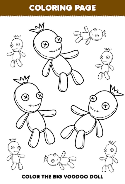 Premium vector education game for children coloring page big or small picture of cute cartoon voodoo doll line art halloween printable worksheet