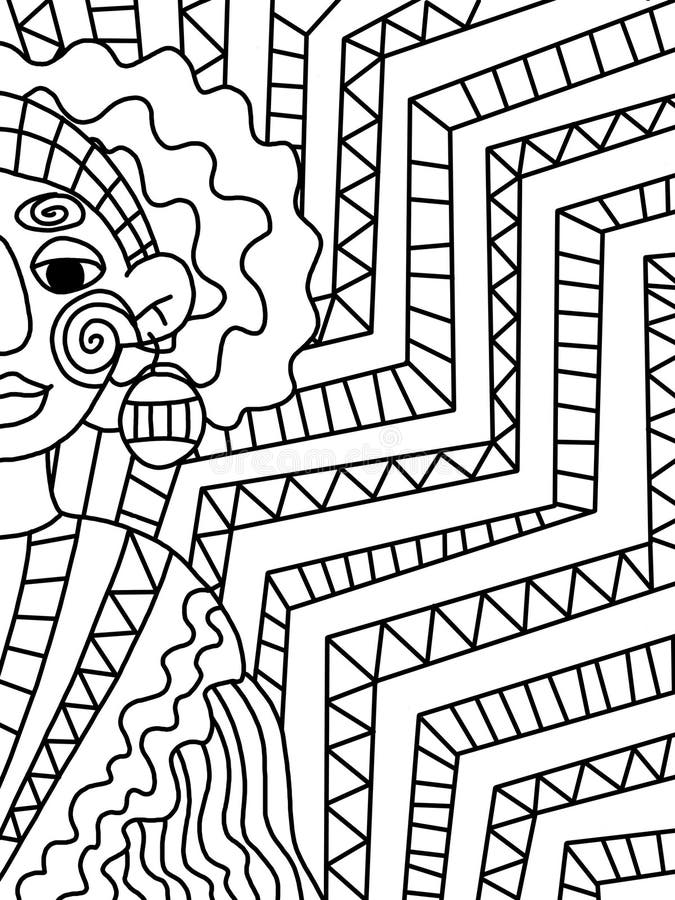 Hlf of old voodoo woman on geometrical back coloring page for kids and adults stock illustration