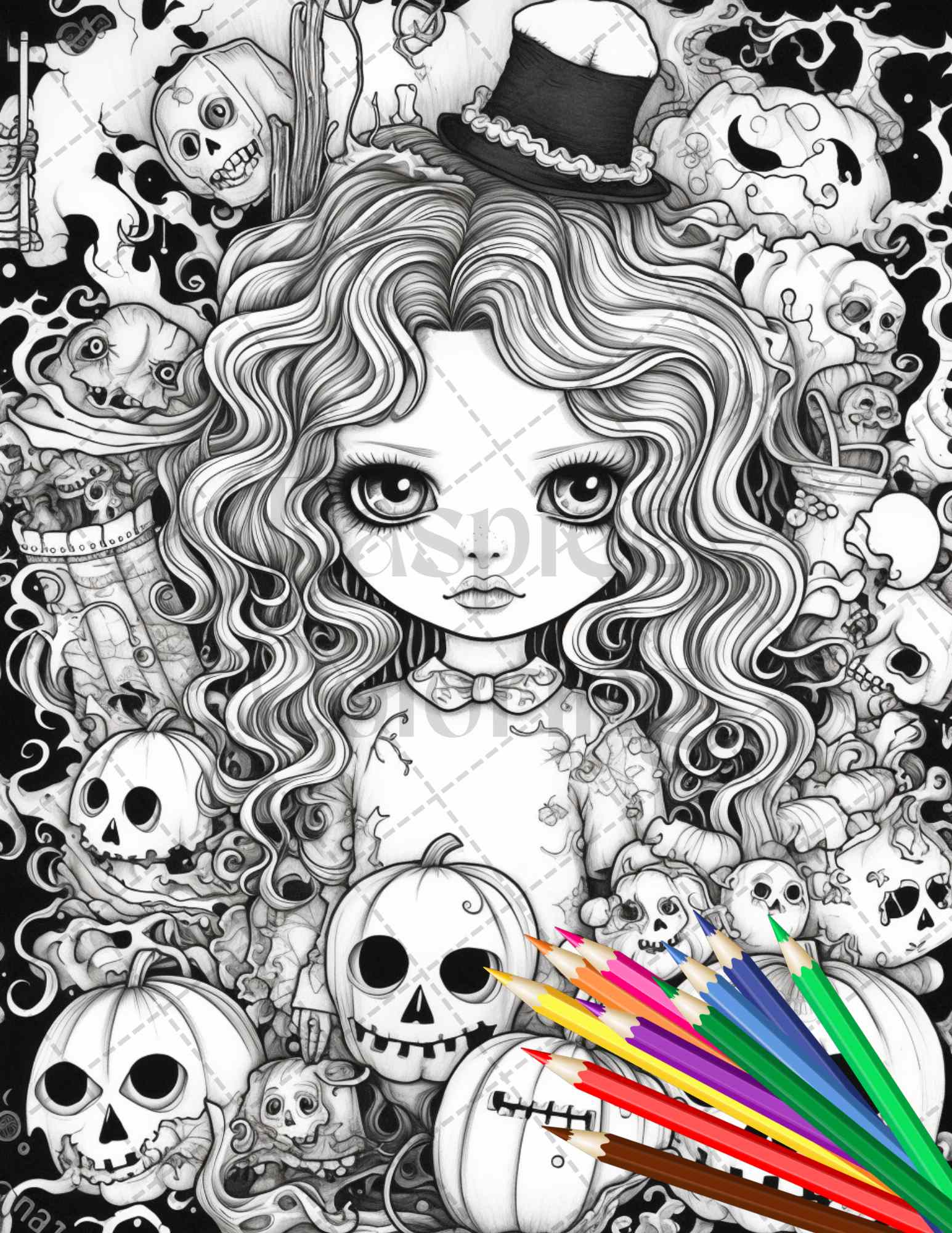 Ghoulish girls grayscale coloring pages printable for adults pdf f â coloring