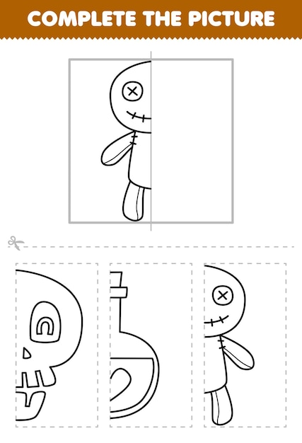 Premium vector education game for children cut and plete the picture of cute cartoon voodoo doll half outline for coloring printable halloween worksheet