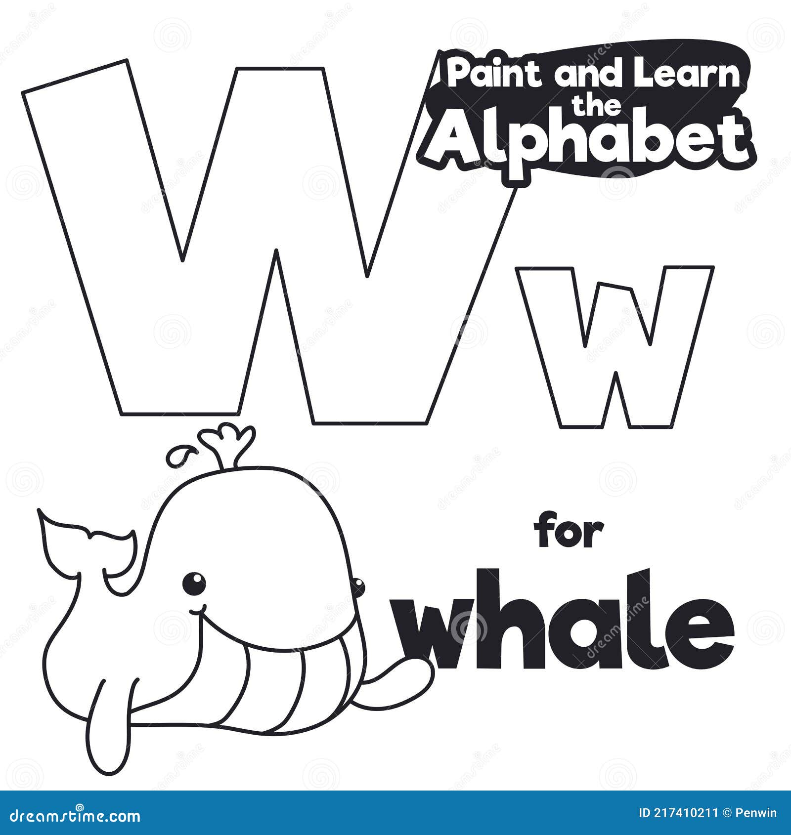 Didactic alphabet to color it with letter w and whale vector illustration stock vector