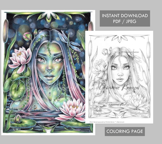 Water nymph coloring page grayscale instant download printable file jpeg and pdf