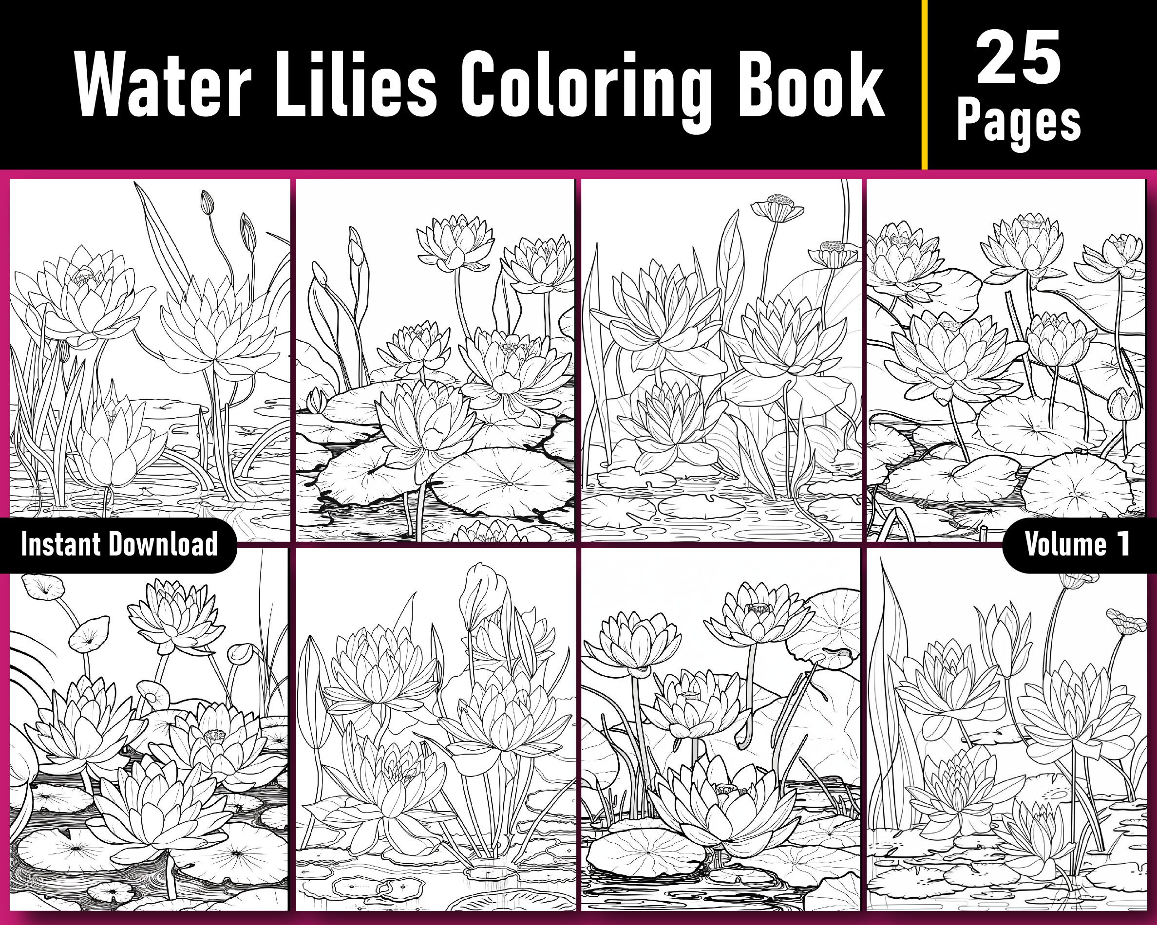 Water lilies flower coloring book volume flower coloring pages for adults and kids printable coloring book pdf instant download