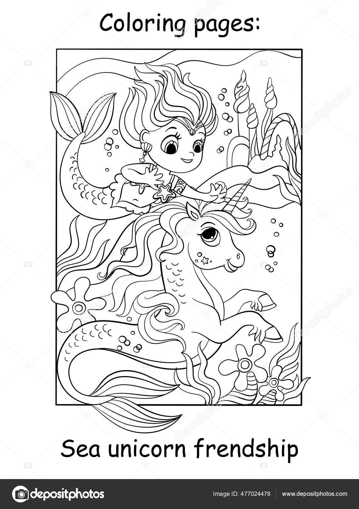 Coloring book page mermaid and unicorn swim under the water stock vector by alinart