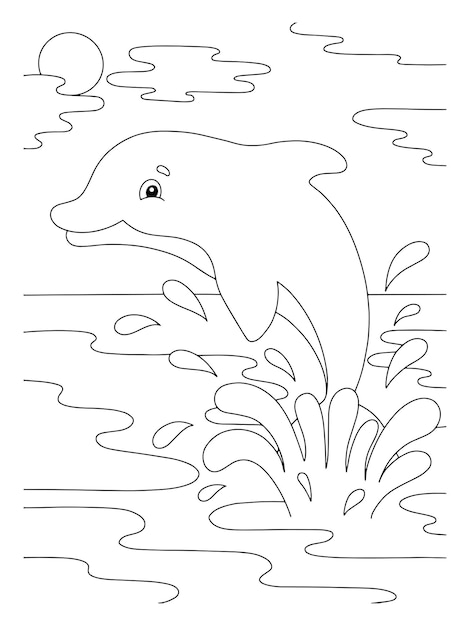 Premium vector a cute dolphin splashes in the water coloring book page for kids