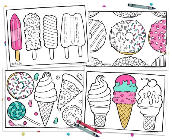 Printable food coloring pages kawaii adult coloring pizza donut kids coloring ice cream treats colouring instant download