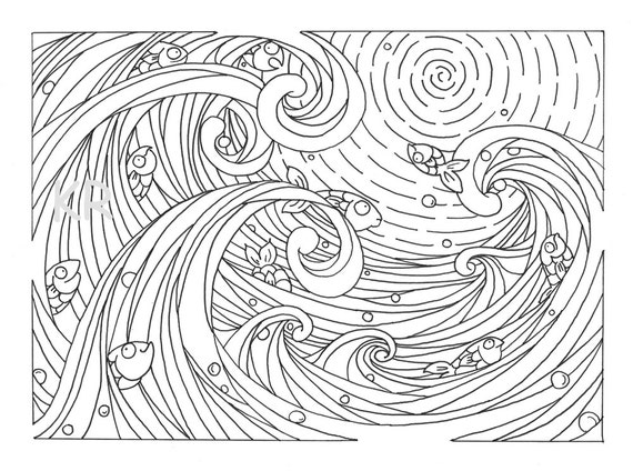 Printable waves and fish coloring page ocean fun fish play printable mindful stressless adult coloring printable instant download