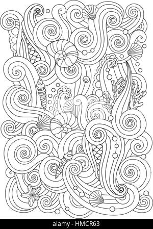 Coloring page with abstract sea background waves shells corals vertical position book for adult and older children editable vector illustration stock vector image art
