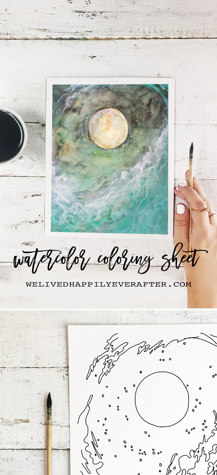 Free starry night moon ocean wave printable adult coloring sheet printable we lived happily ever after
