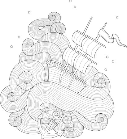 Sailing boat in sea waves graphic sketch template cartoon vector illustration in black and white for games background pattern decor coloring paper page story book print ù ùùø øªøµù ùù ù
