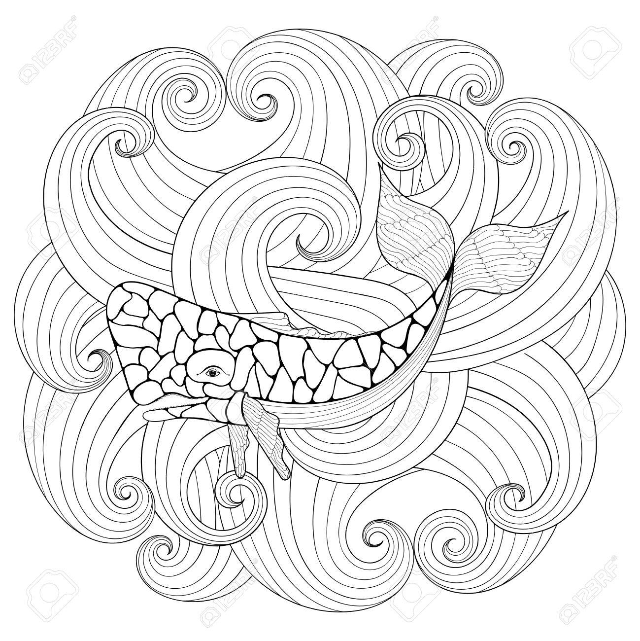Whale in waves style freehand sketch for adult coloring page with doodle elements ornamental artistic vector illustration for tattoo t