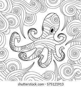 Coloring page ornate octopus waves square stock vector royalty free