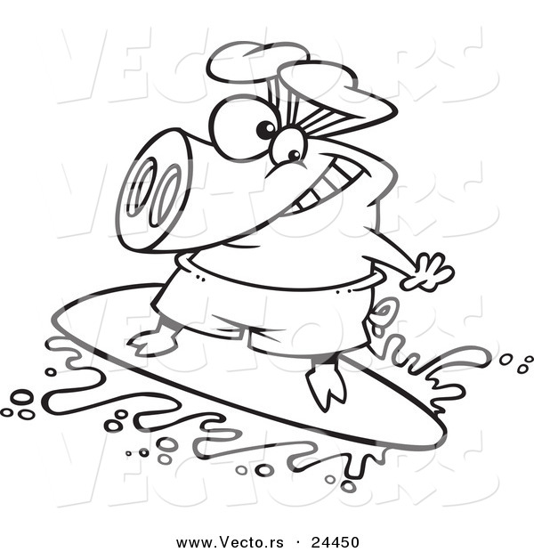 R of a cartoon surfer pig riding a wave