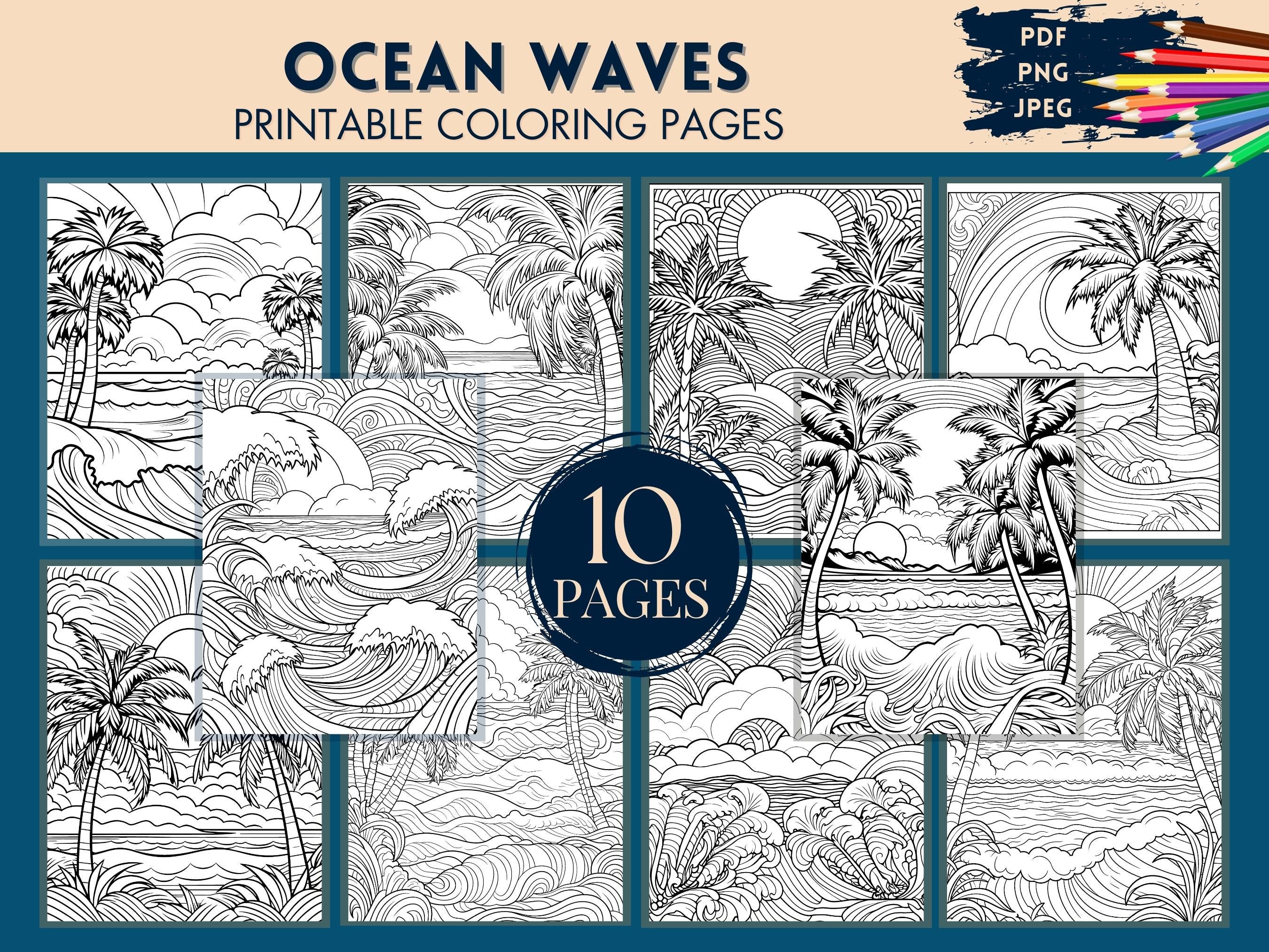 Ocean waves coloring pages printable ocean themed pages beach scene palm tree summer sunset sunrise png pdf jpeg instant download