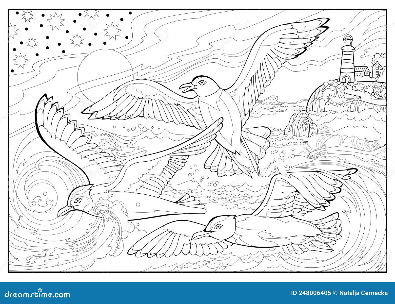 Seascape with seagulls flying between the waves coloring book for children and adults image in zentangle style stock vector