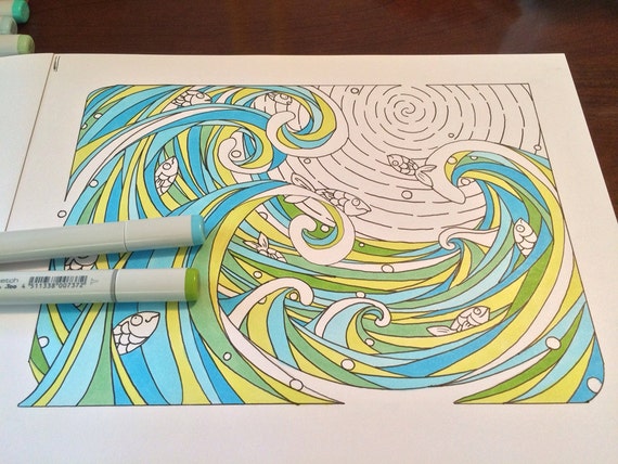 Printable waves and fish coloring page ocean fun fish play printable mindful stressless adult coloring printable instant download