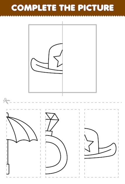 Premium vector education game for children cut and plete the picture of cute cartoon cowboy hat half outline for coloring printable wearable clothes worksheet