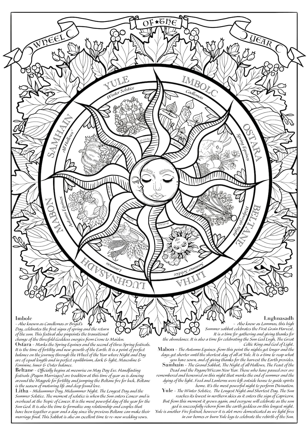 Wheel of the year colouring page ooak digital only wicca pagan witchcraft seasons adult colouring page instant download