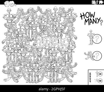 Black and white illustration of educational counting task for children with cartoon farm animal characters coloring book stock vector image art