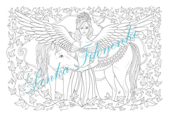 Coloring page for adults coloring page cute line art fairy with horse and angel wings pdf download and print