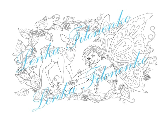 Coloring page for adults coloring page cute fairy with butterfly wings with deer baby and flowers pdf download and print