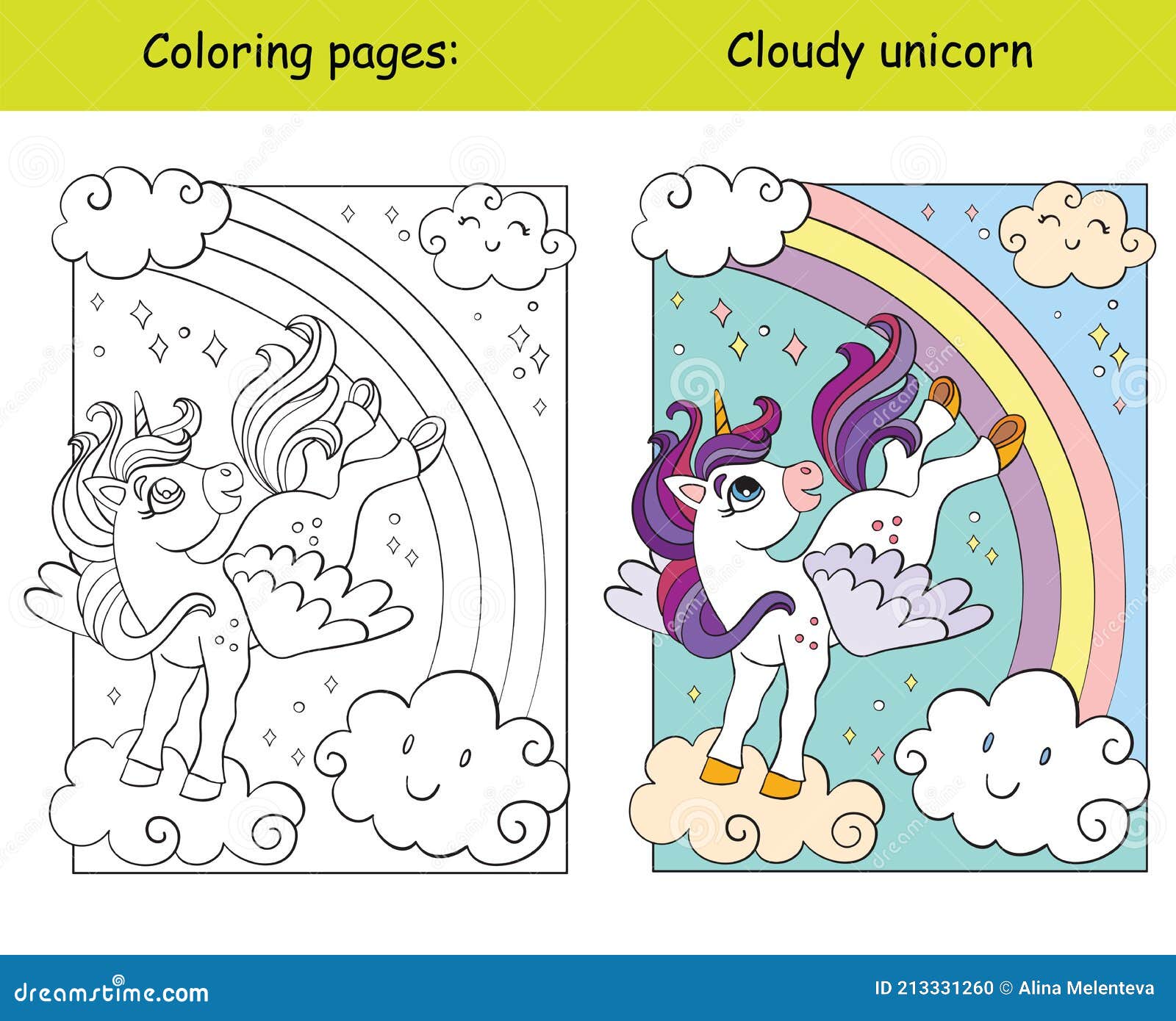 Cute unicorn with wings flying in the sky coloring vector and template stock vector