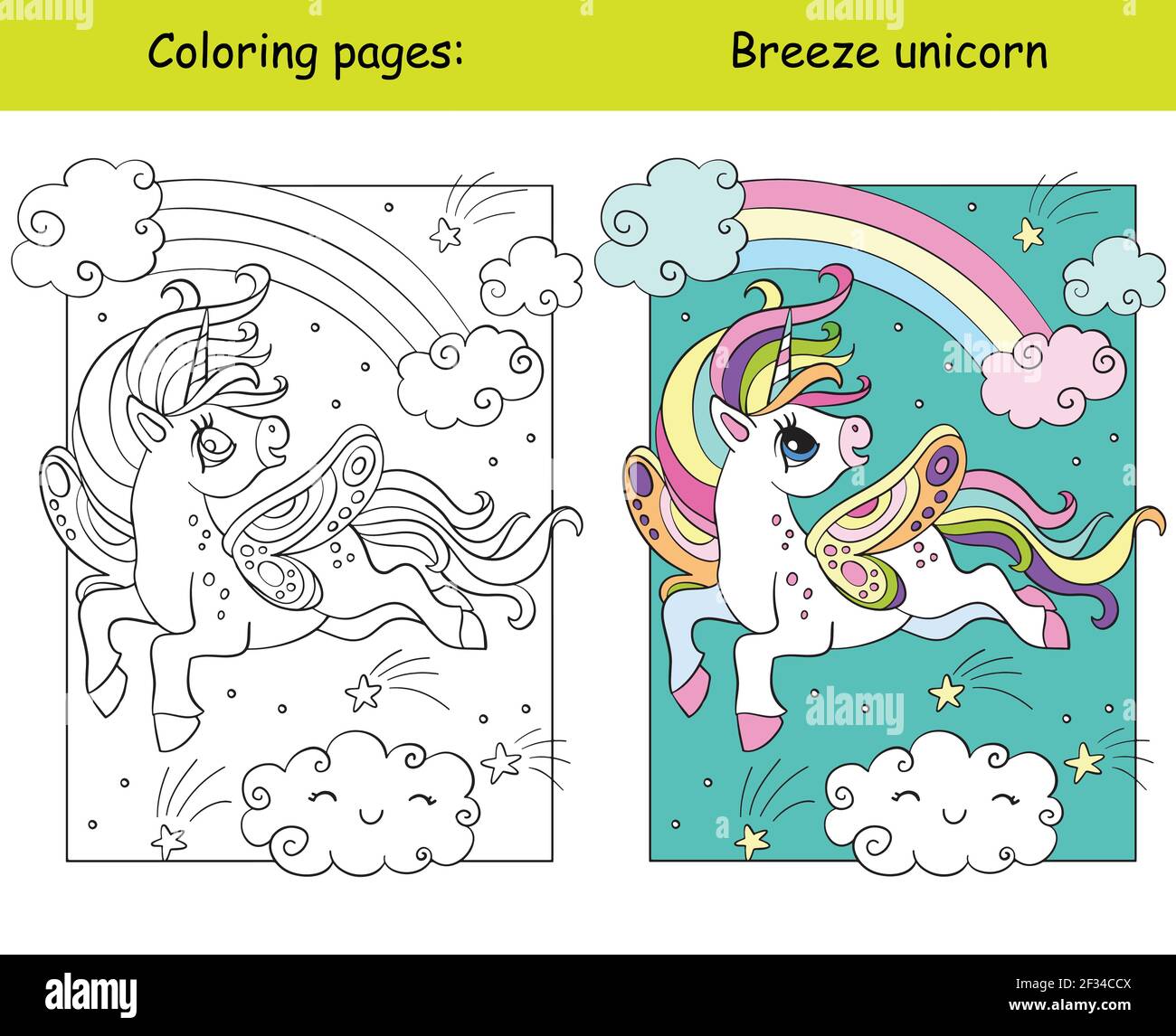 Cute unicorn with wings flying in the sky coloring book page for children with colorful template vector cartoon isolated illustration for coloring stock vector image art