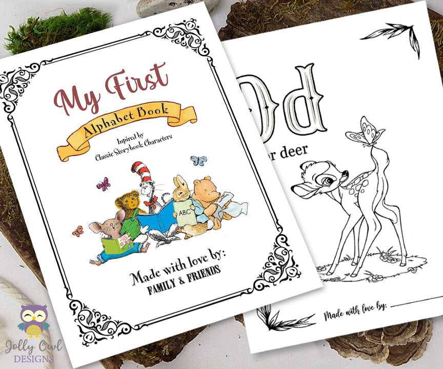 Babys first abc alphabet coloring book pages storybook book themed â jolly owl designs