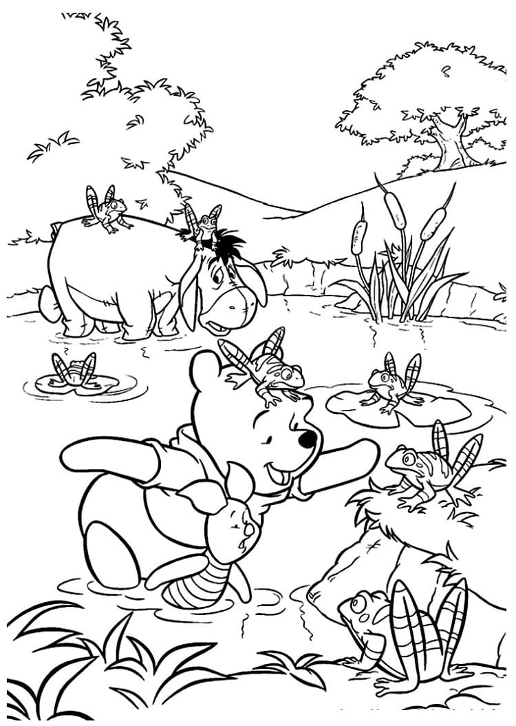 Pooh and frogs coloring page